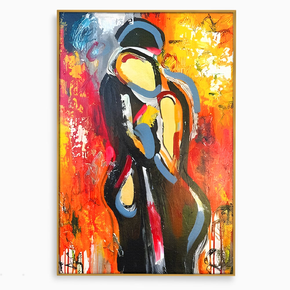 Tablou canvas cu pictura abstracta cu un cuplu imbratisat, in rama de aluminiu auriu