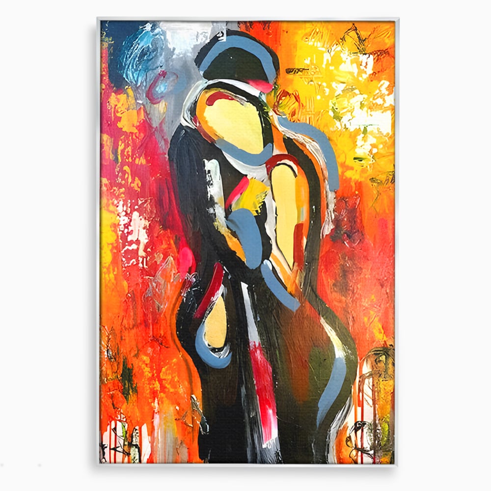 Tablou canvas cu pictura abstracta cu un cuplu imbratisat, in rama de aluminiu argintiu