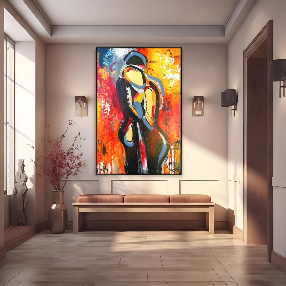 Tablou canvas cu pictura abstracta cu un cuplu imbratisat, in rama de aluminiu negru