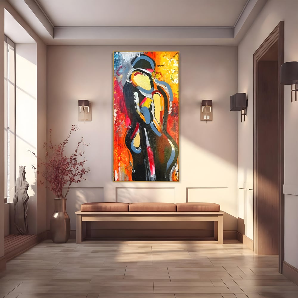 Tablou canvas cu pictura abstracta cu un cuplu imbratisat, in rama de aluminiu auriu