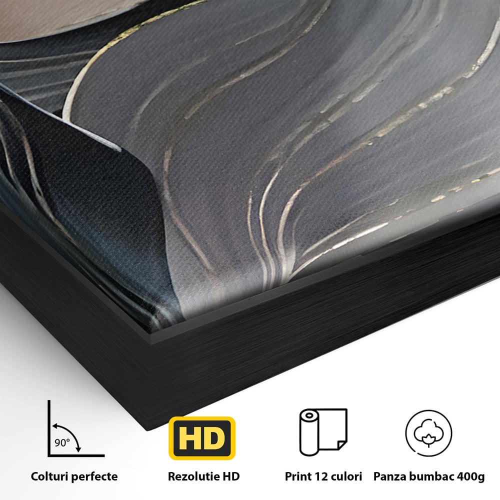 Detaliu al suprafetei: pictura abstracta cu valuri ondulate, in rama de aluminiu negru