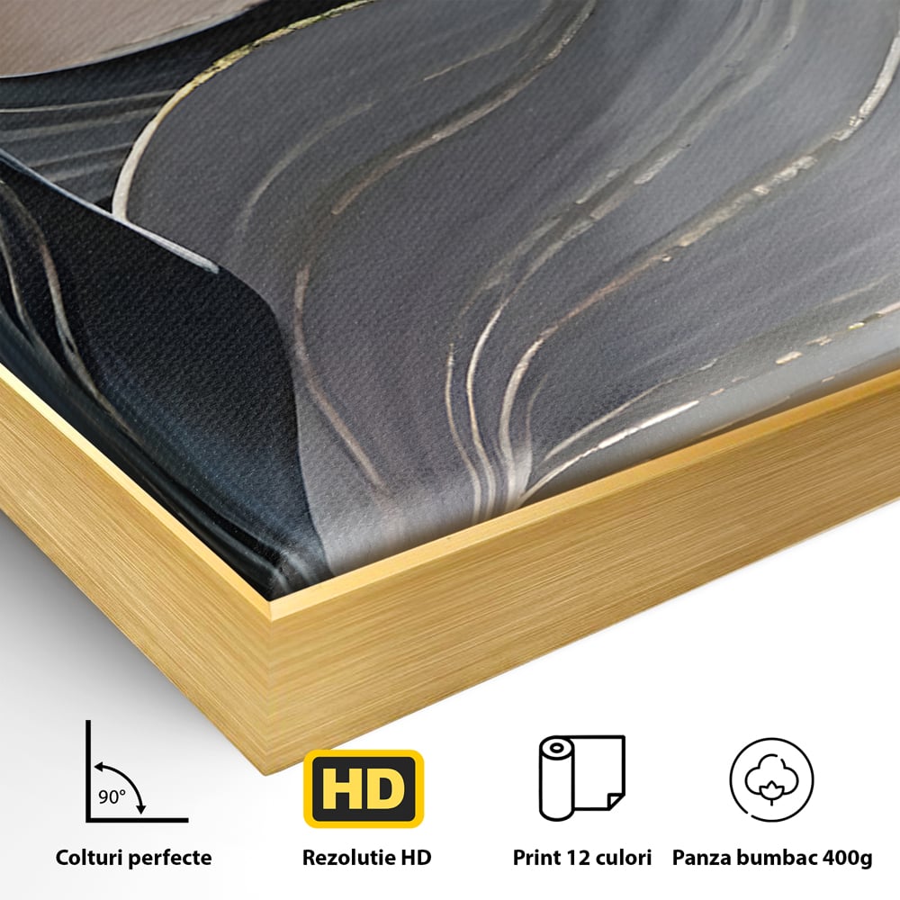 Detaliu al suprafetei: pictura abstracta cu valuri ondulate, in rama de aluminiu auriu