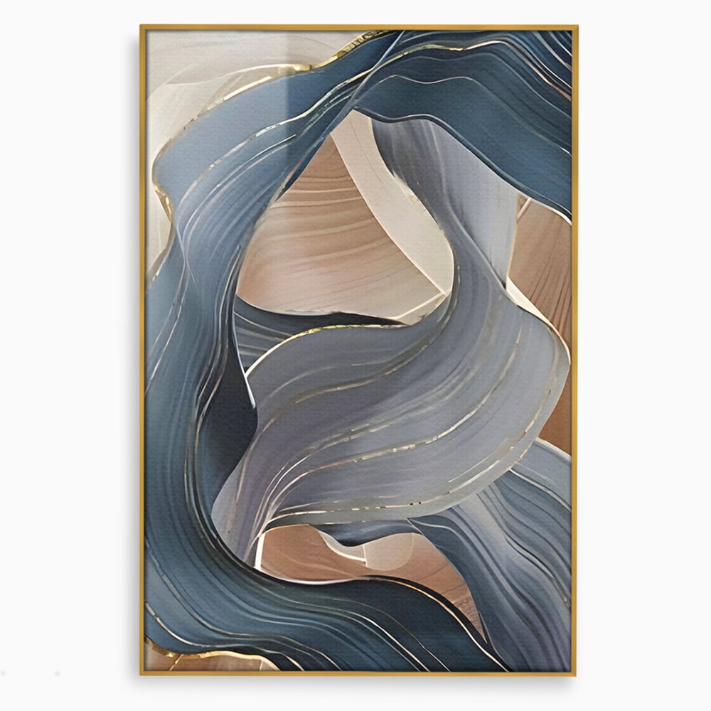 Tablou canvas cu pictura abstracta cu valuri ondulate, in rama de aluminiu auriu