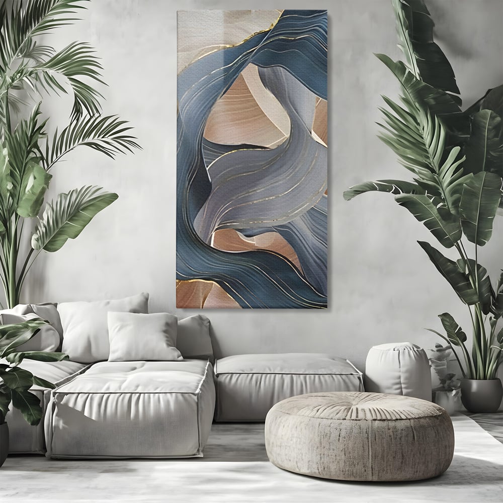 Tablou canvas cu pictura abstracta cu valuri ondulate, fara rama, pe sasiu de lemn, pe perete intr-un living