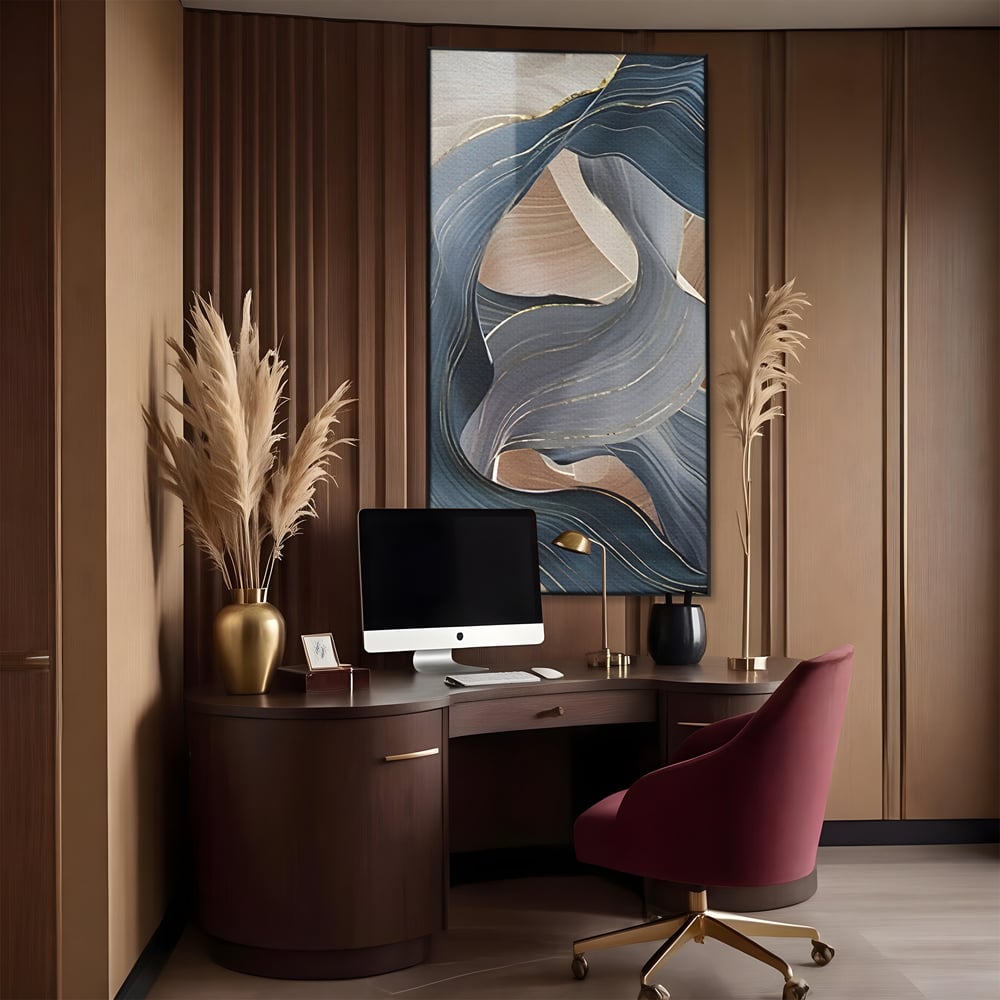 Tablou canvas cu pictura abstracta cu valuri ondulate, in rama de aluminiu negru, pe perete intr-un birou