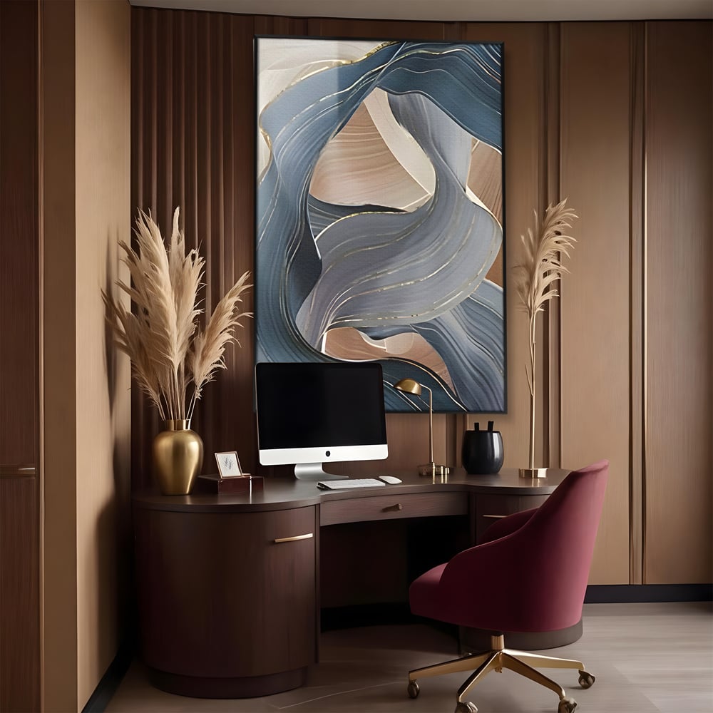 Tablou canvas cu pictura abstracta cu valuri ondulate, in rama de aluminiu negru, pe perete intr-un birou