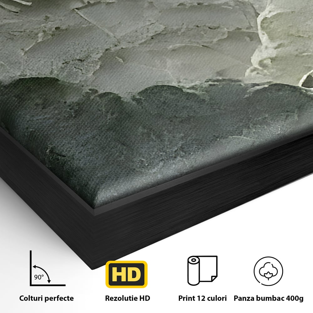 Detaliu al suprafetei: tablou canvas cu munti in relief, in rama de aluminiu negru
