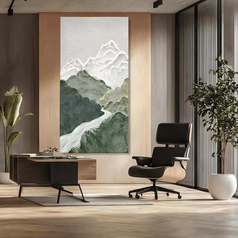 Tablou canvas cu tablou canvas cu munti in relief, fara rama, pe sasiu de lemn, pe perete intr-un birou