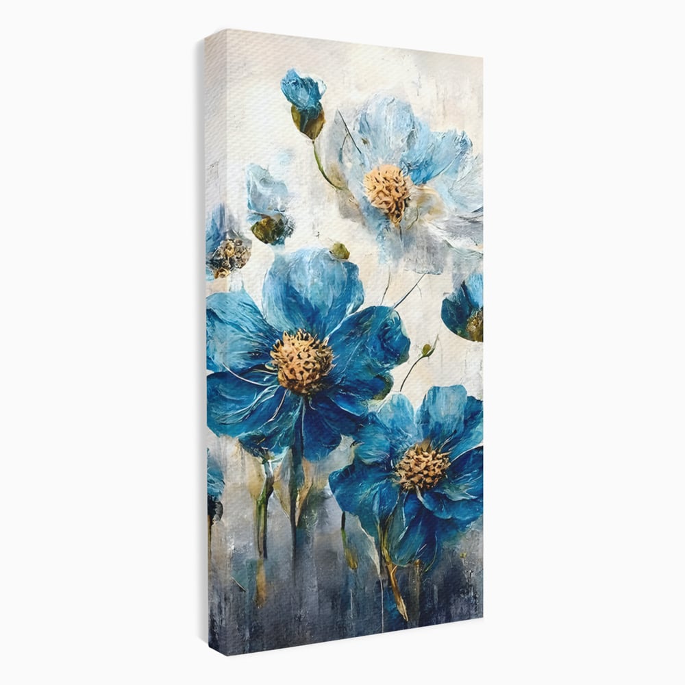 Tablou canvas cu pictura verticala cu flori albastre, fara rama, pe sasiu de lemn