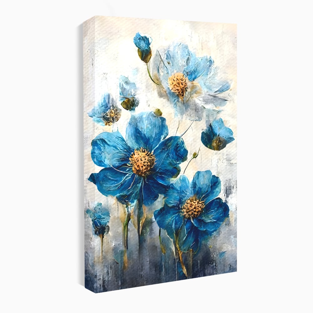 Tablou canvas cu pictura verticala cu flori albastre, fara rama, pe sasiu de lemn