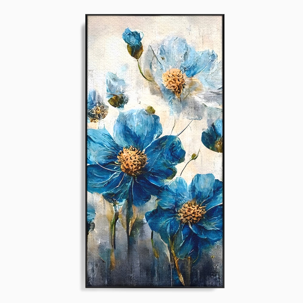 Tablou canvas cu pictura verticala cu flori albastre, in rama de aluminiu negru