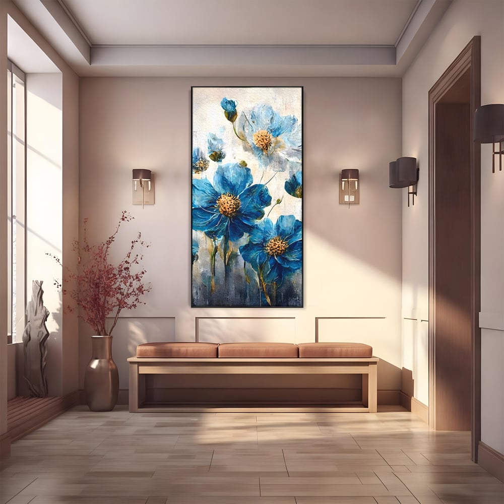 Tablou canvas cu pictura verticala cu flori albastre, in rama de aluminiu negru