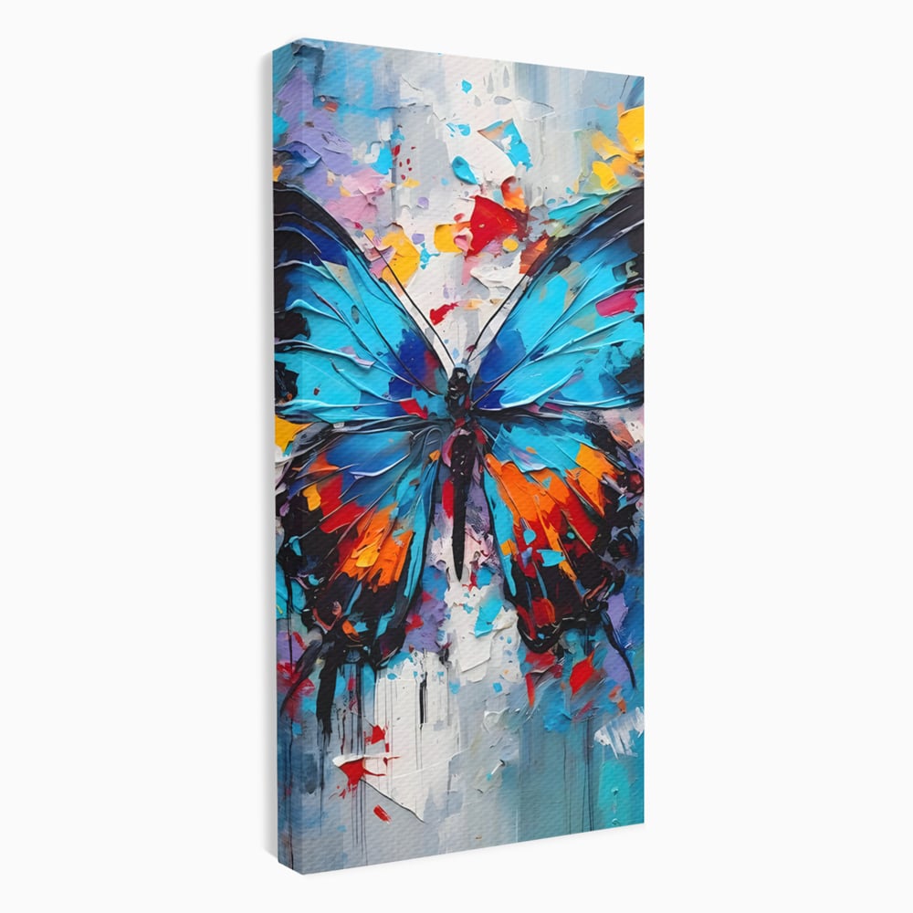Tablou canvas cu pictura cu fluture albastru, fara rama, pe sasiu de lemn