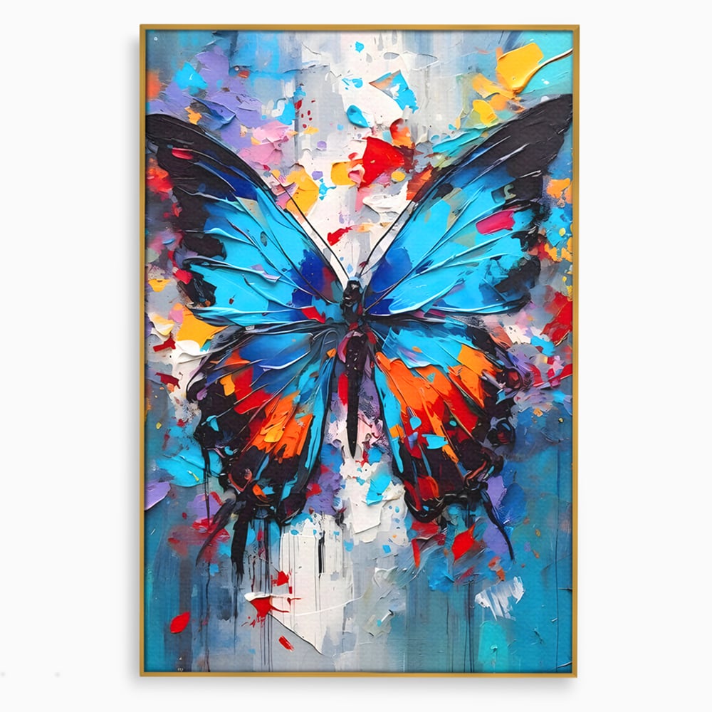Tablou canvas cu pictura cu fluture albastru, in rama de aluminiu auriu