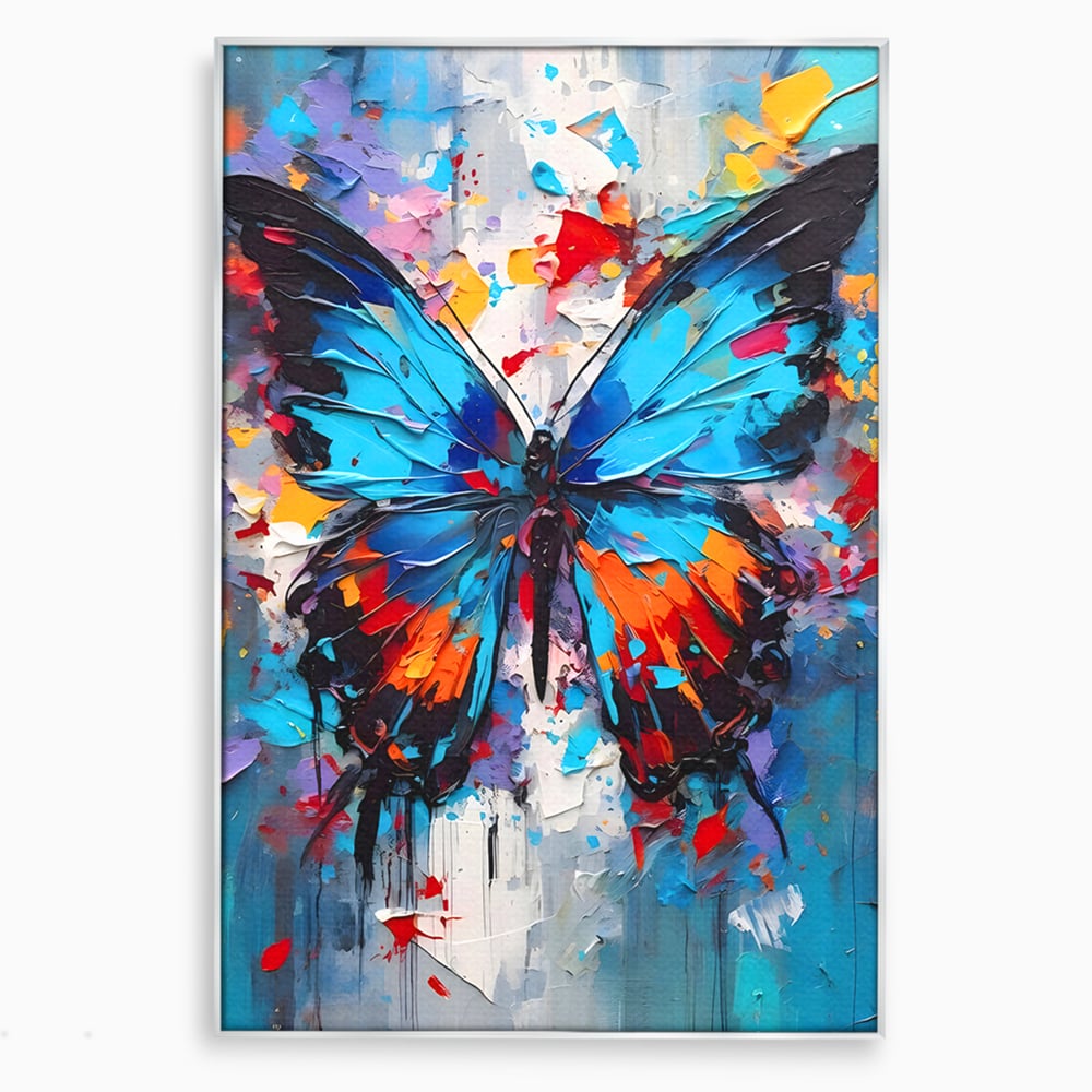 Tablou canvas cu pictura cu fluture albastru, in rama de aluminiu argintiu