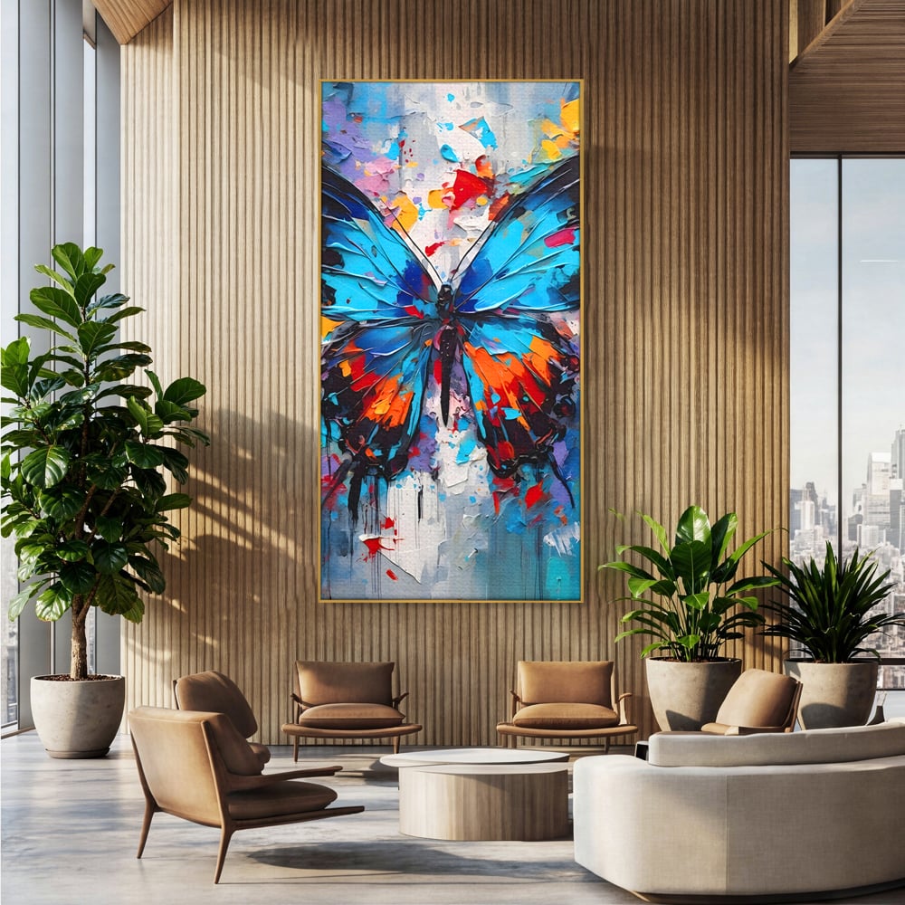 Tablou canvas cu pictura cu fluture albastru, in rama de aluminiu auriu, pe perete intr-un birou