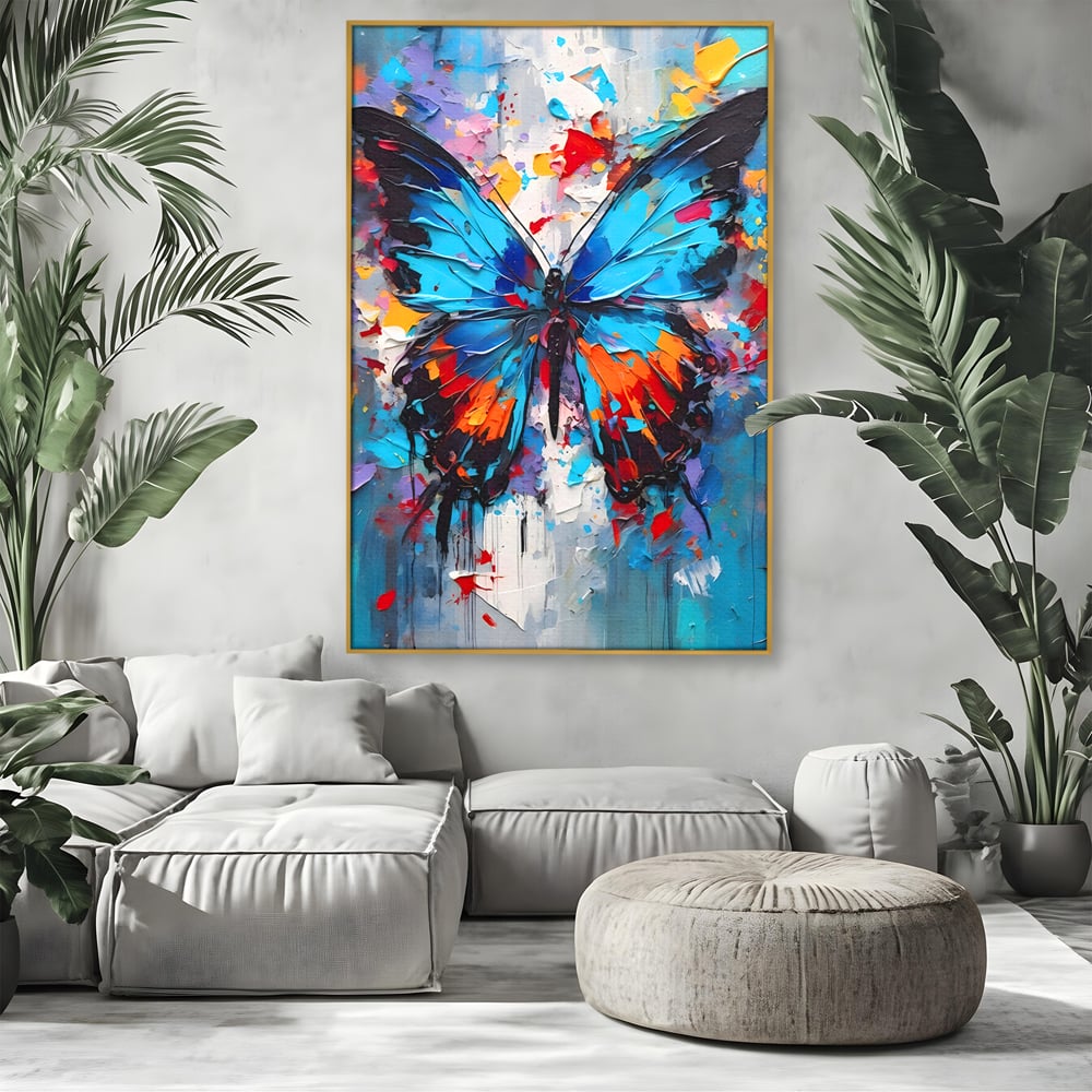 Tablou canvas cu pictura cu fluture albastru, in rama de aluminiu auriu, pe perete intr-un living