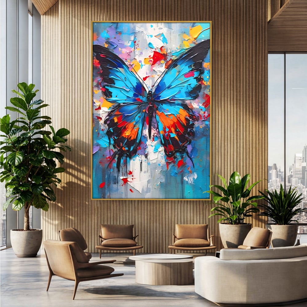 Tablou canvas cu pictura cu fluture albastru, in rama de aluminiu auriu, pe perete intr-un birou