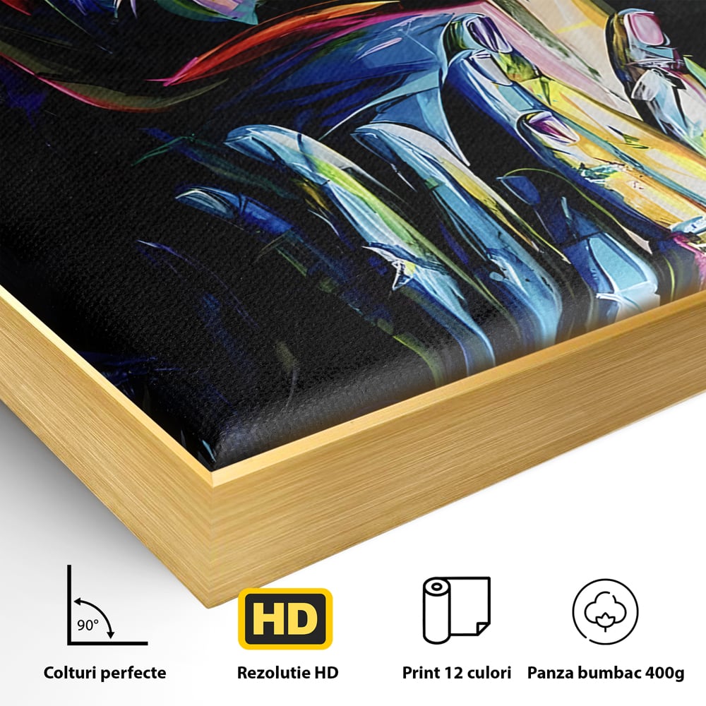 Detaliu al suprafetei: tablou canvas cu femeie stilizata, in rama de aluminiu auriu