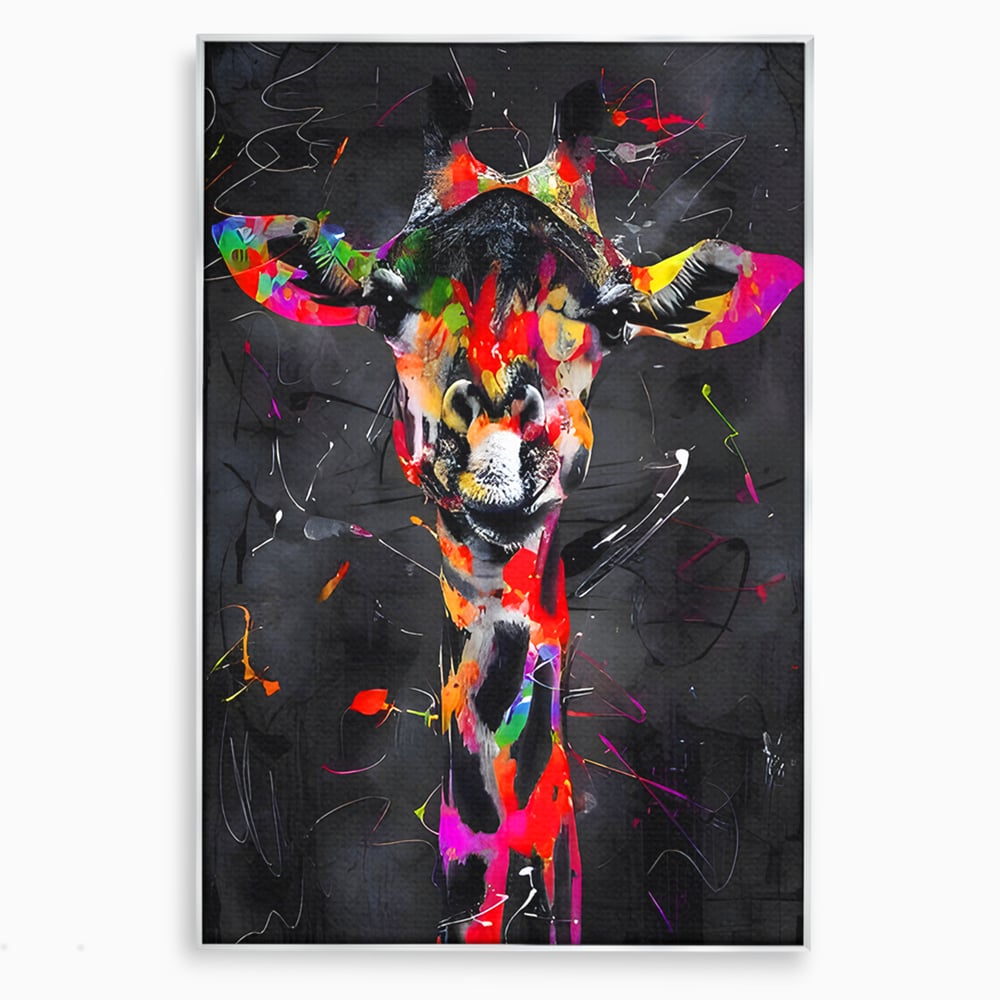 Tablou canvas cu tablou canvas cu girafa multicolor, in rama de aluminiu argintiu
