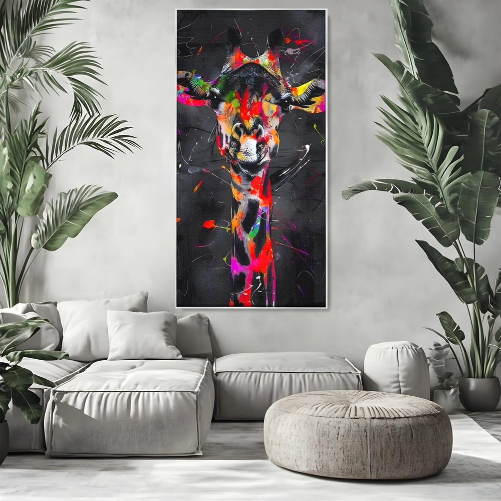 Tablou canvas cu tablou canvas cu girafa multicolor, in rama de aluminiu argintiu, pe perete intr-un living