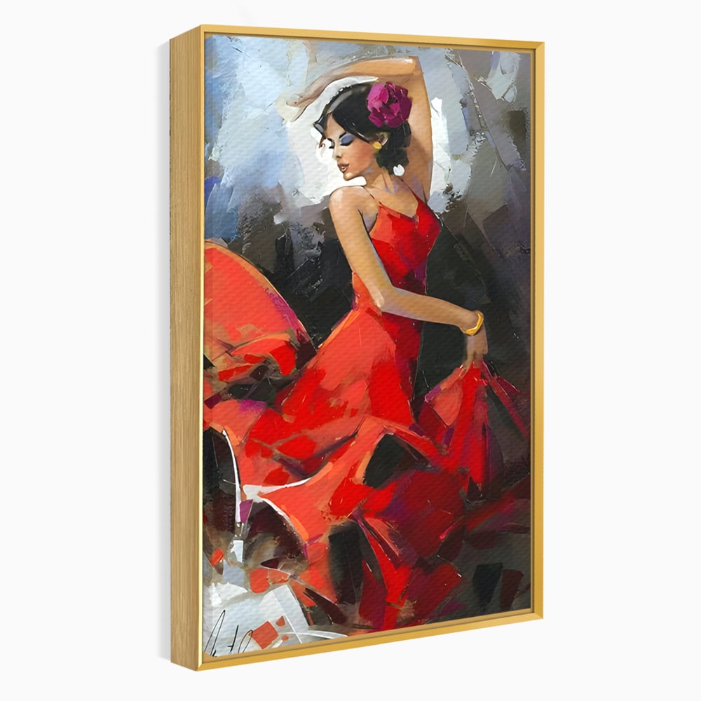 Tablou canvas cu tablou canvas cu dansatoare in rochie rosie, in rama de aluminiu auriu