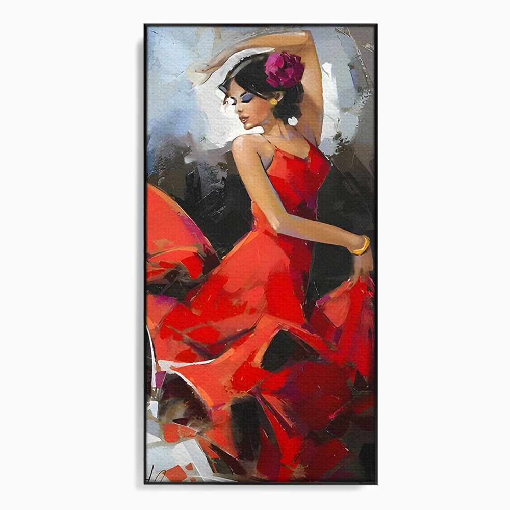 Tablou canvas cu tablou canvas cu dansatoare in rochie rosie, in rama de aluminiu negru