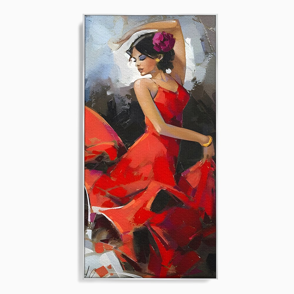Tablou canvas cu tablou canvas cu dansatoare in rochie rosie, in rama de aluminiu argintiu