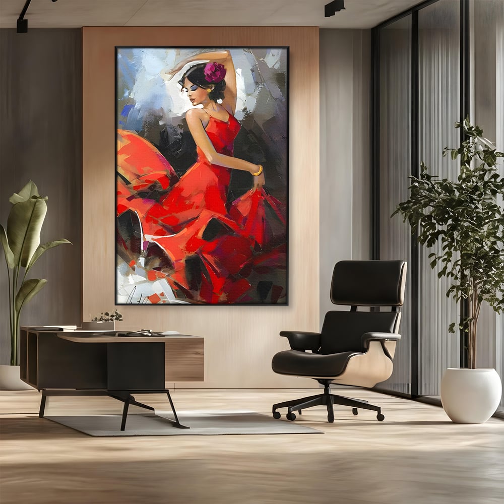 Tablou canvas cu tablou canvas cu dansatoare in rochie rosie, in rama de aluminiu negru, pe perete intr-un birou