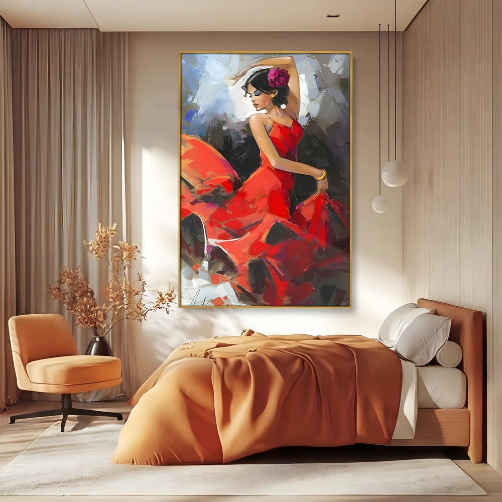 Tablou canvas cu tablou canvas cu dansatoare in rochie rosie, in rama de aluminiu auriu, pe perete intr-un dormitor