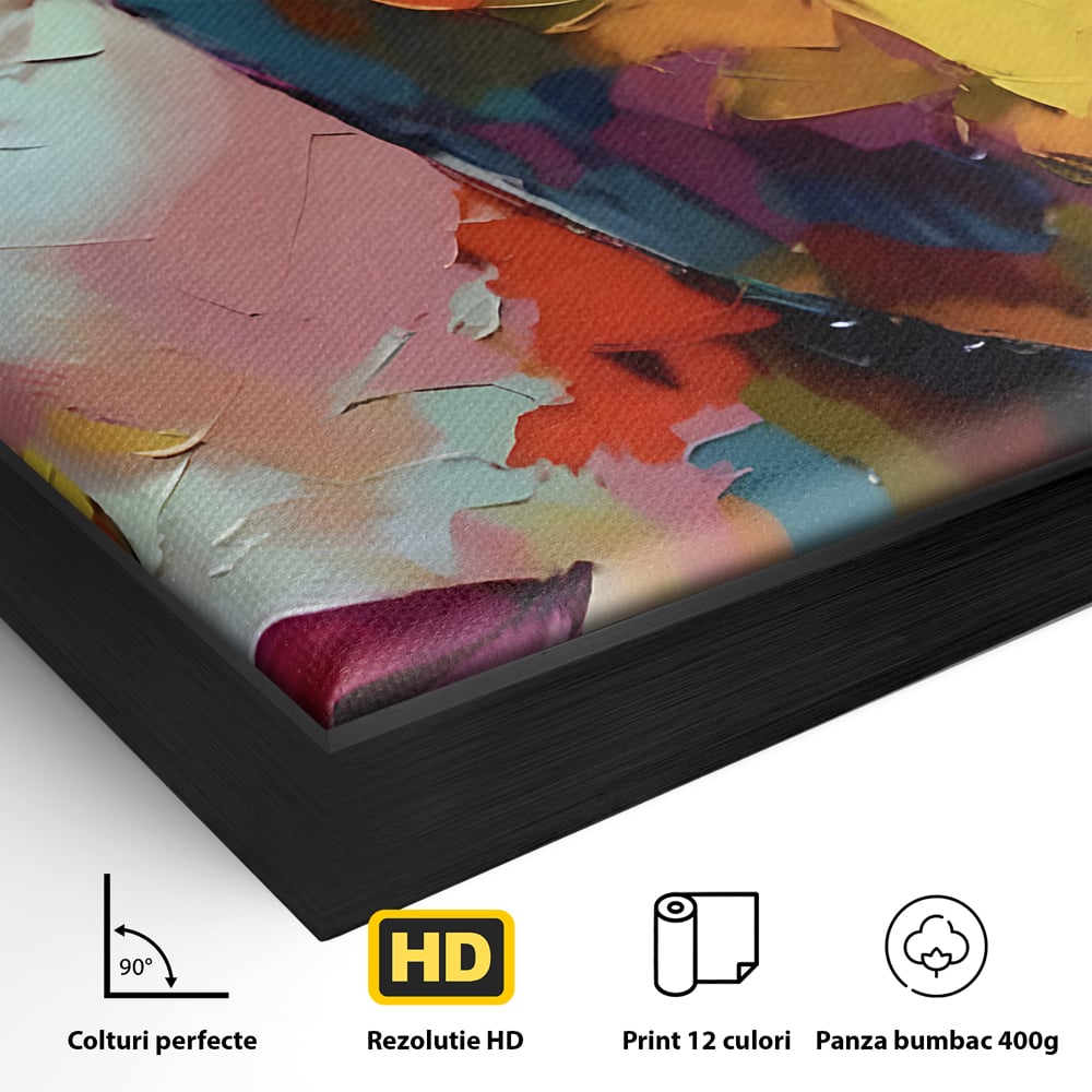 Detaliu al suprafetei: tablou canvas cu chipuri in culori vibrante, in rama de aluminiu negru