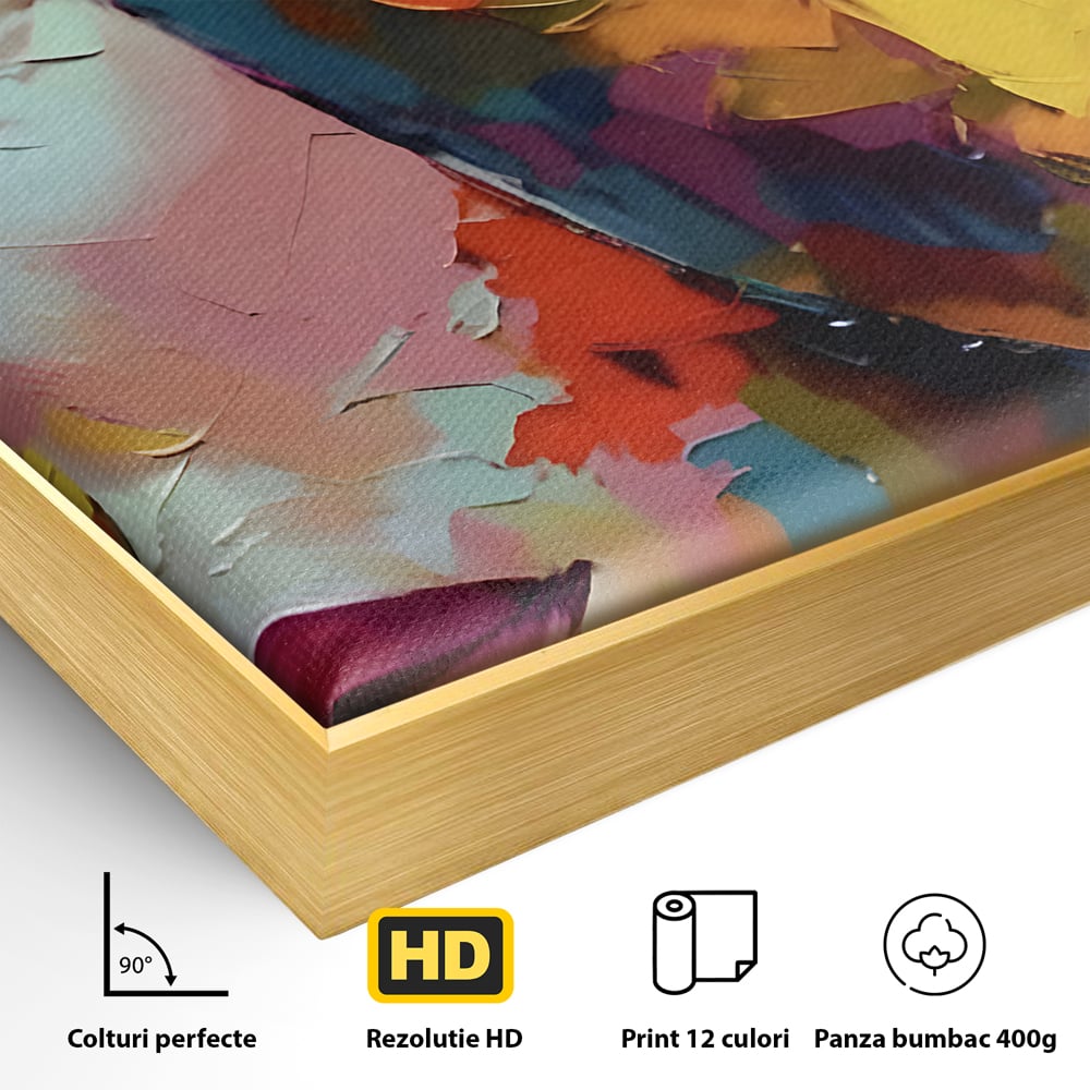 Detaliu al suprafetei: tablou canvas cu chipuri in culori vibrante, in rama de aluminiu auriu