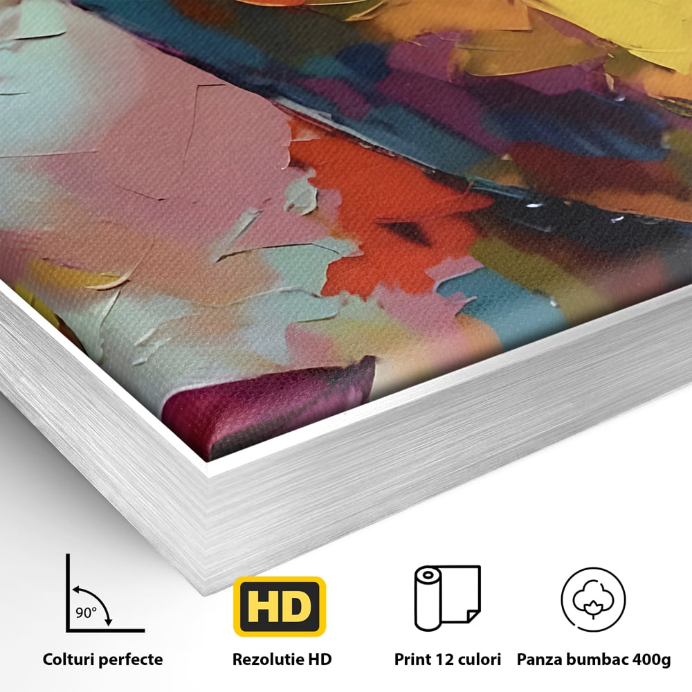 Detaliu al suprafetei: tablou canvas cu chipuri in culori vibrante, in rama de aluminiu argintiu