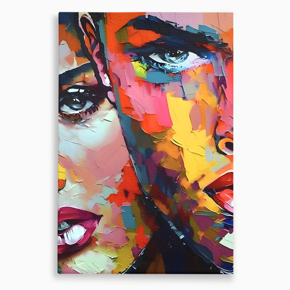 Tablou canvas cu tablou canvas cu chipuri in culori vibrante, fara rama, pe sasiu de lemn