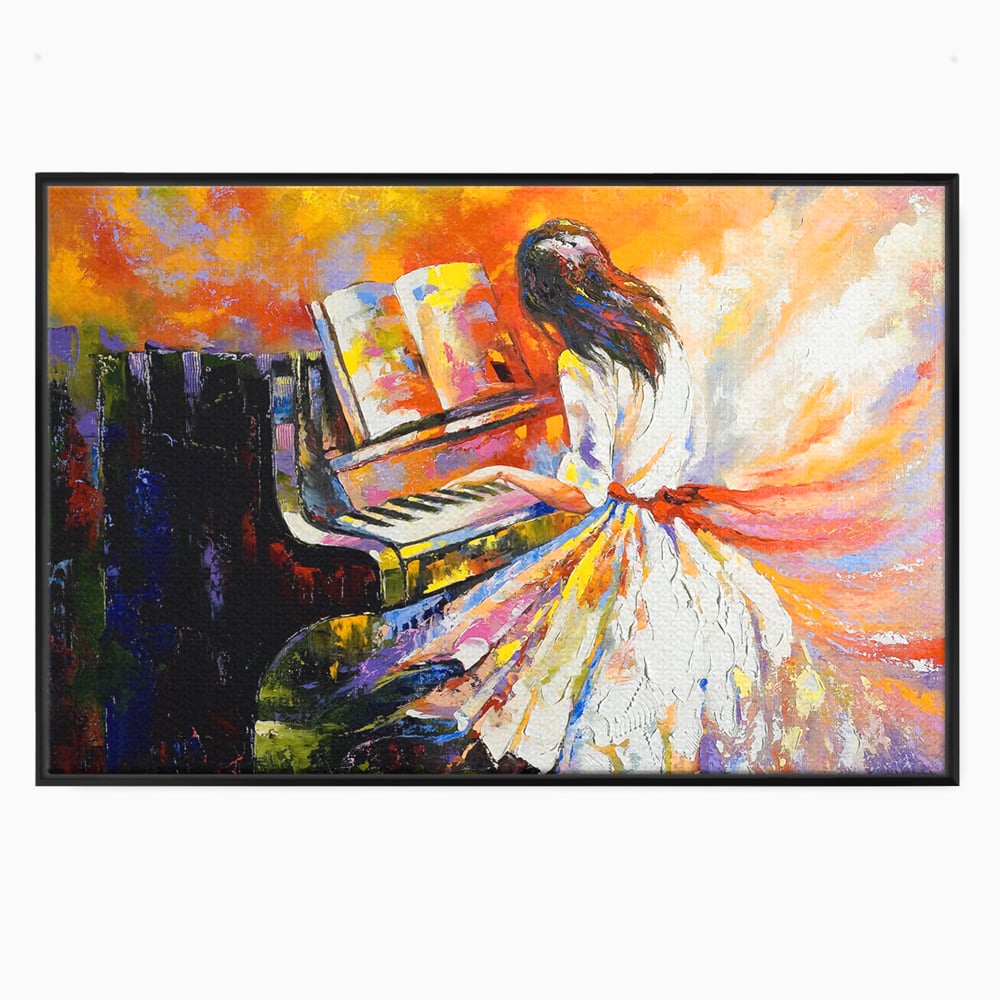Tablou canvas cu pictura cu fata la pian, in rama de aluminiu negru