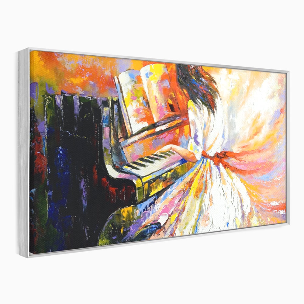 Tablou canvas cu pictura cu fata la pian, in rama de aluminiu argintiu