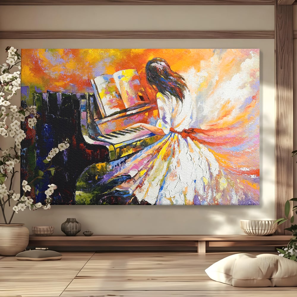 Tablou canvas cu pictura cu fata la pian, fara rama, pe sasiu de lemn
