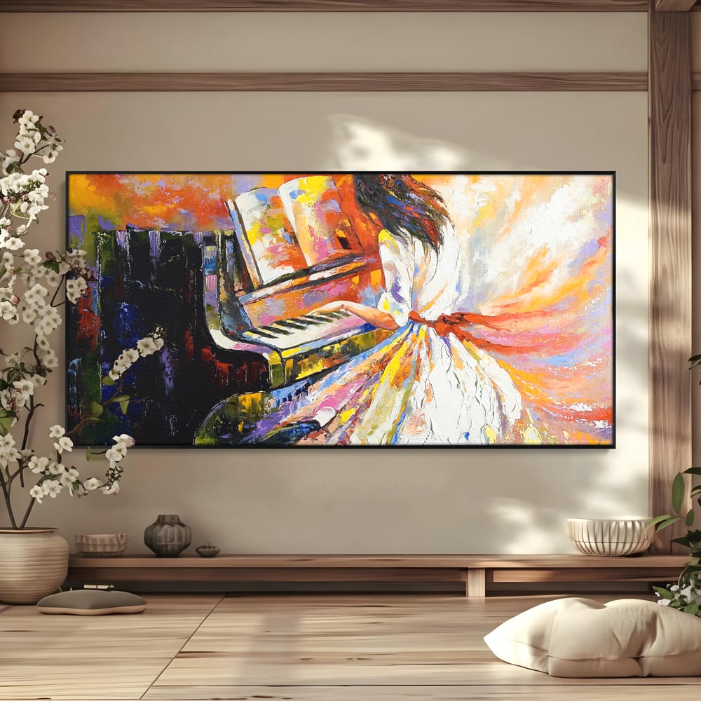 Tablou canvas cu pictura cu fata la pian, in rama de aluminiu negru