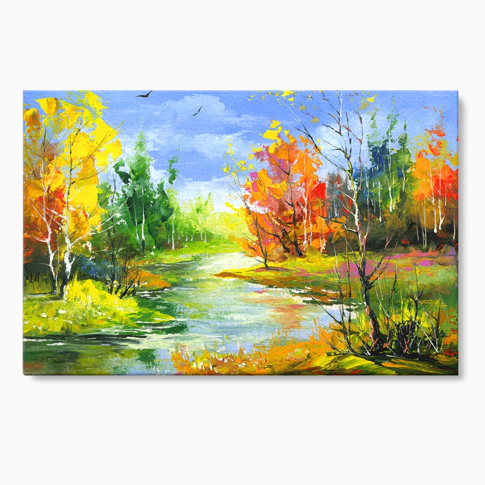 Tablou canvas cu pictura peisaj de toamna cu rau, fara rama, pe sasiu de lemn