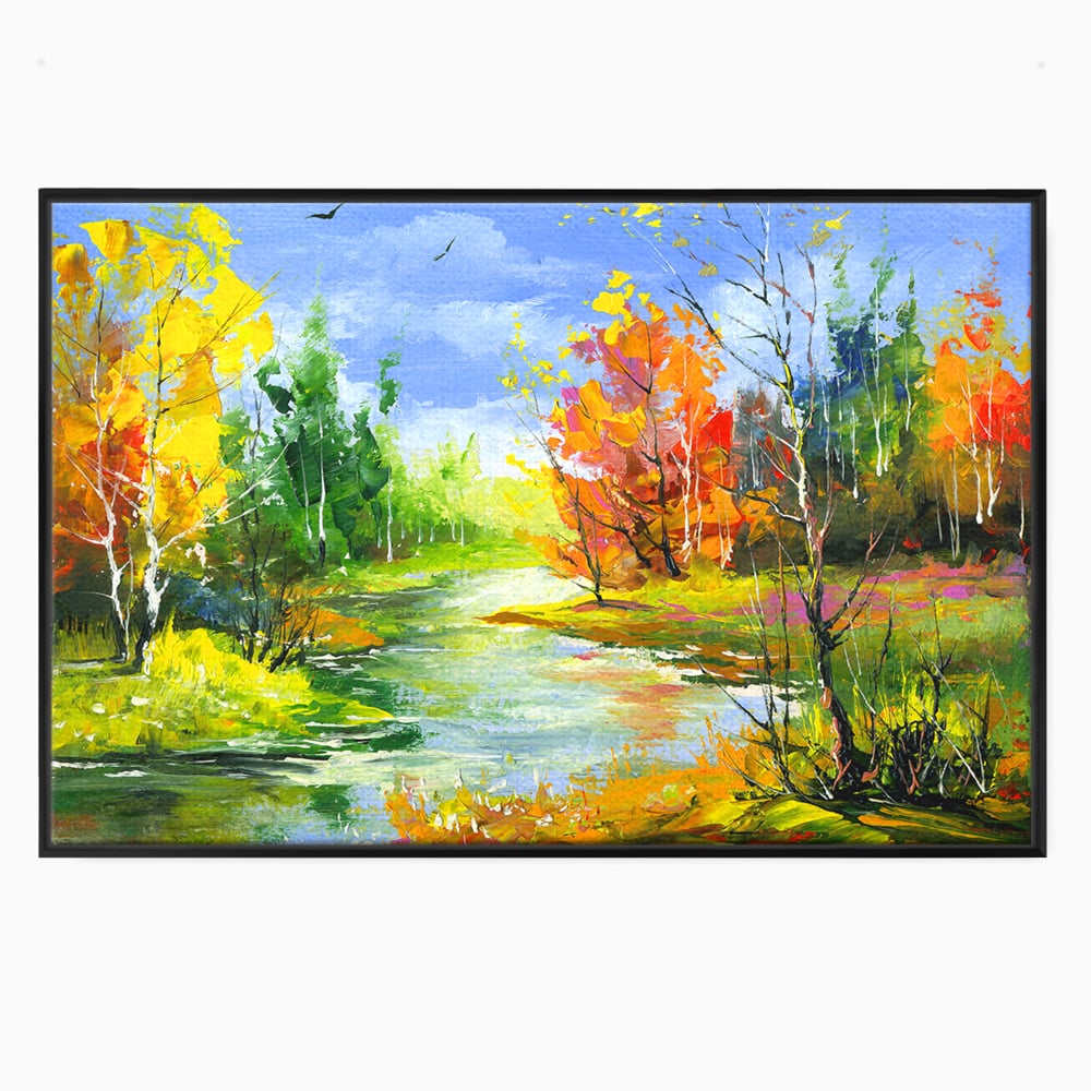 Tablou canvas cu pictura peisaj de toamna cu rau, in rama de aluminiu negru