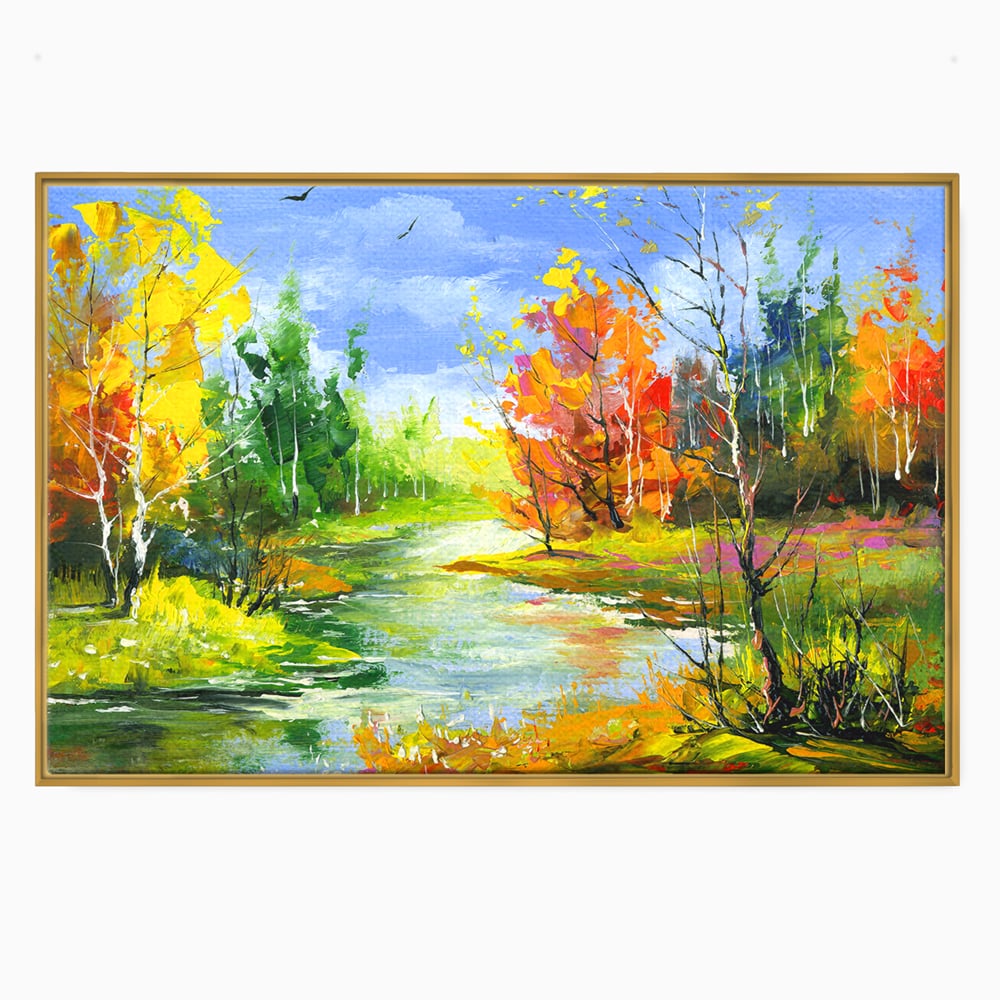 Tablou canvas cu pictura peisaj de toamna cu rau, in rama de aluminiu auriu