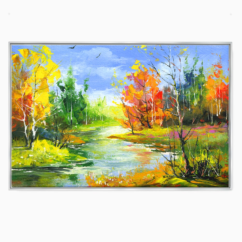 Tablou canvas cu pictura peisaj de toamna cu rau, in rama de aluminiu argintiu