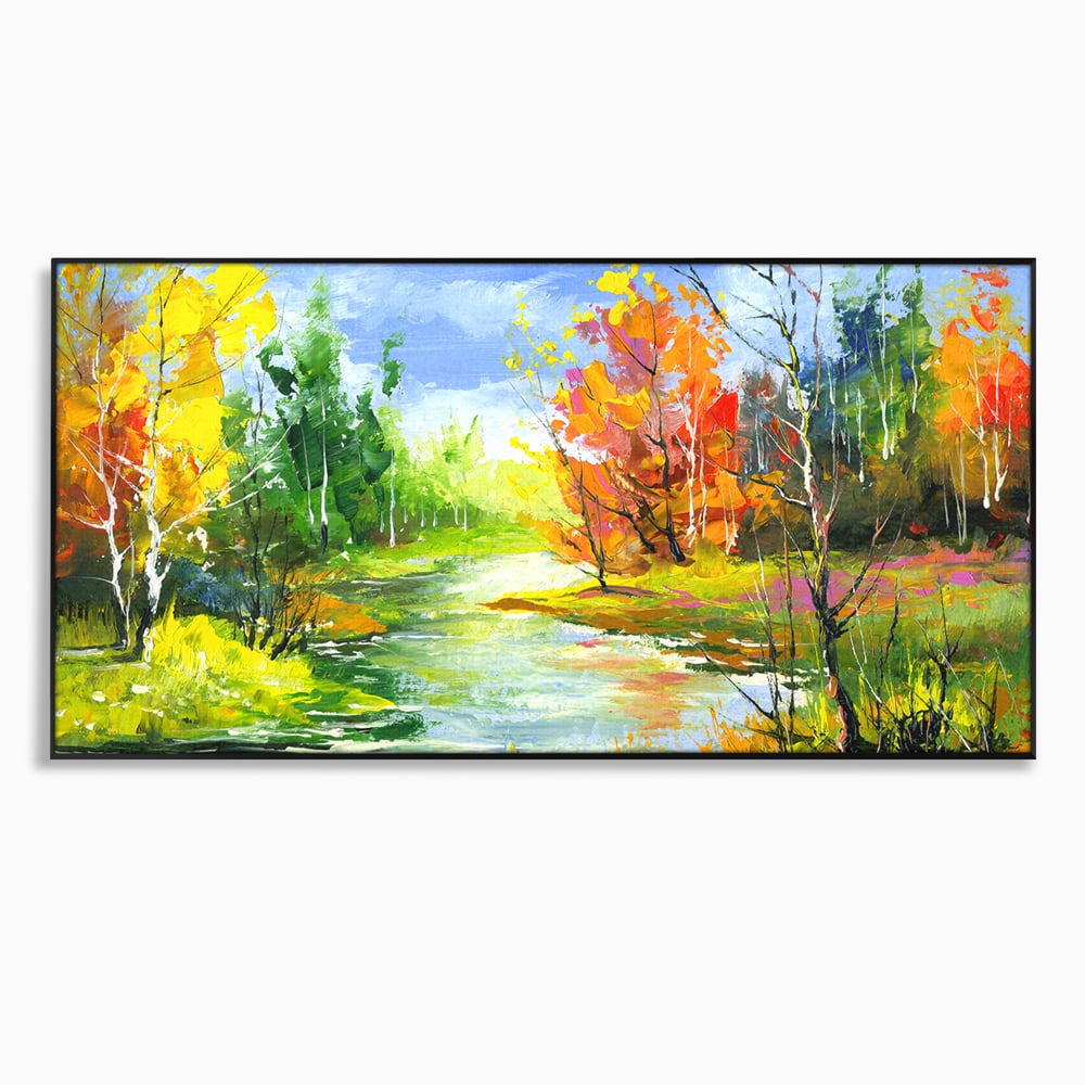 Tablou canvas cu pictura peisaj de toamna cu rau, in rama de aluminiu negru
