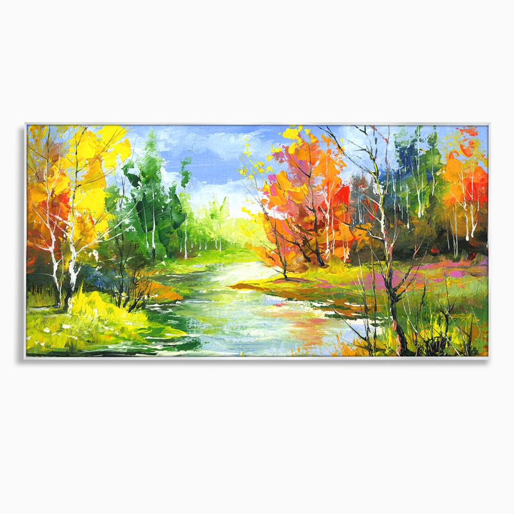 Tablou canvas cu pictura peisaj de toamna cu rau, in rama de aluminiu argintiu