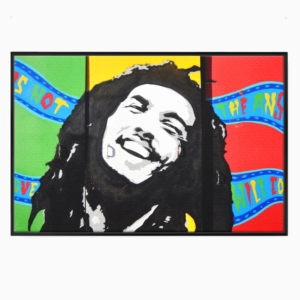 Tablou canvas cu tablou pictat cu portretul lui bob marley, in rama de aluminiu negru