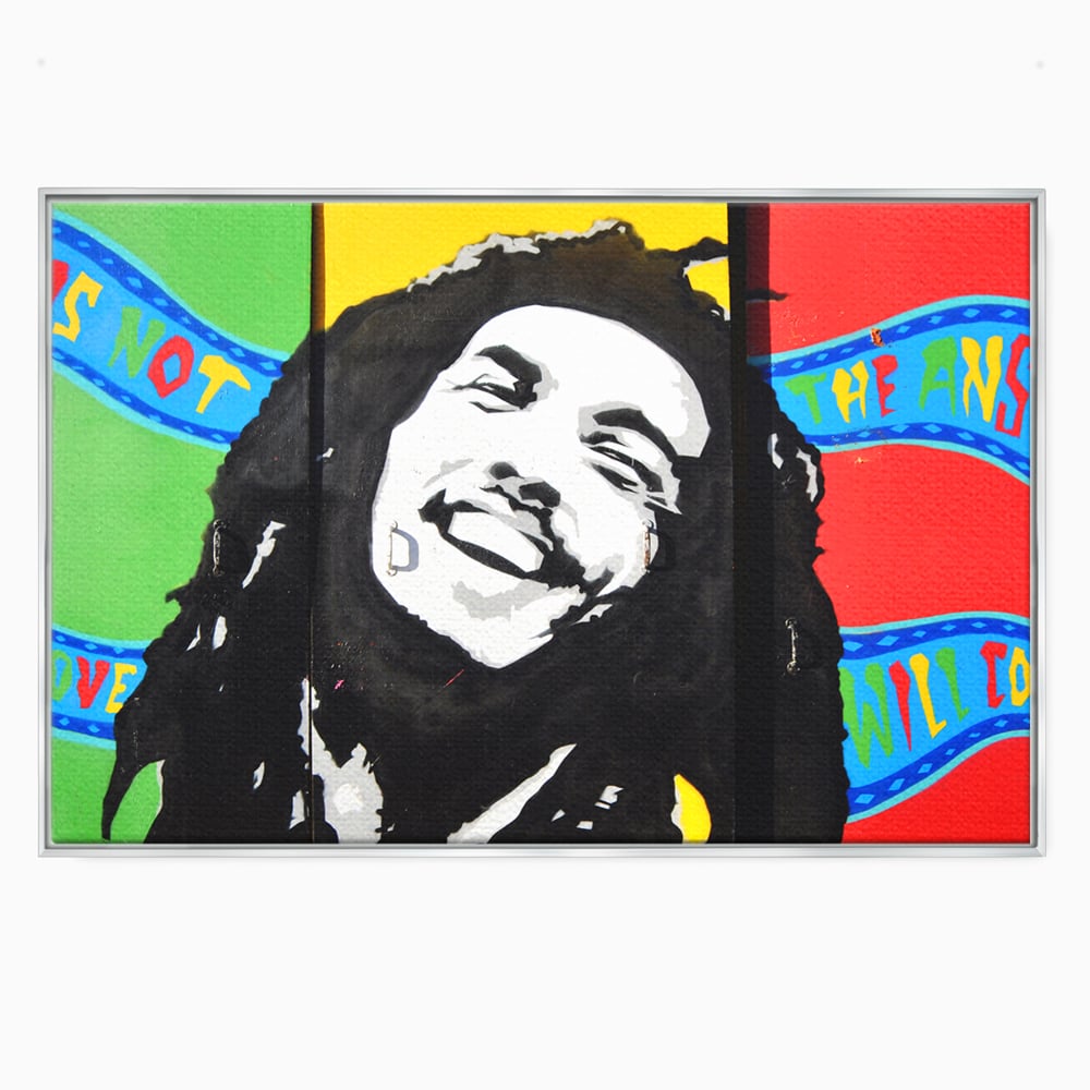 Tablou canvas cu tablou pictat cu portretul lui bob marley, in rama de aluminiu argintiu
