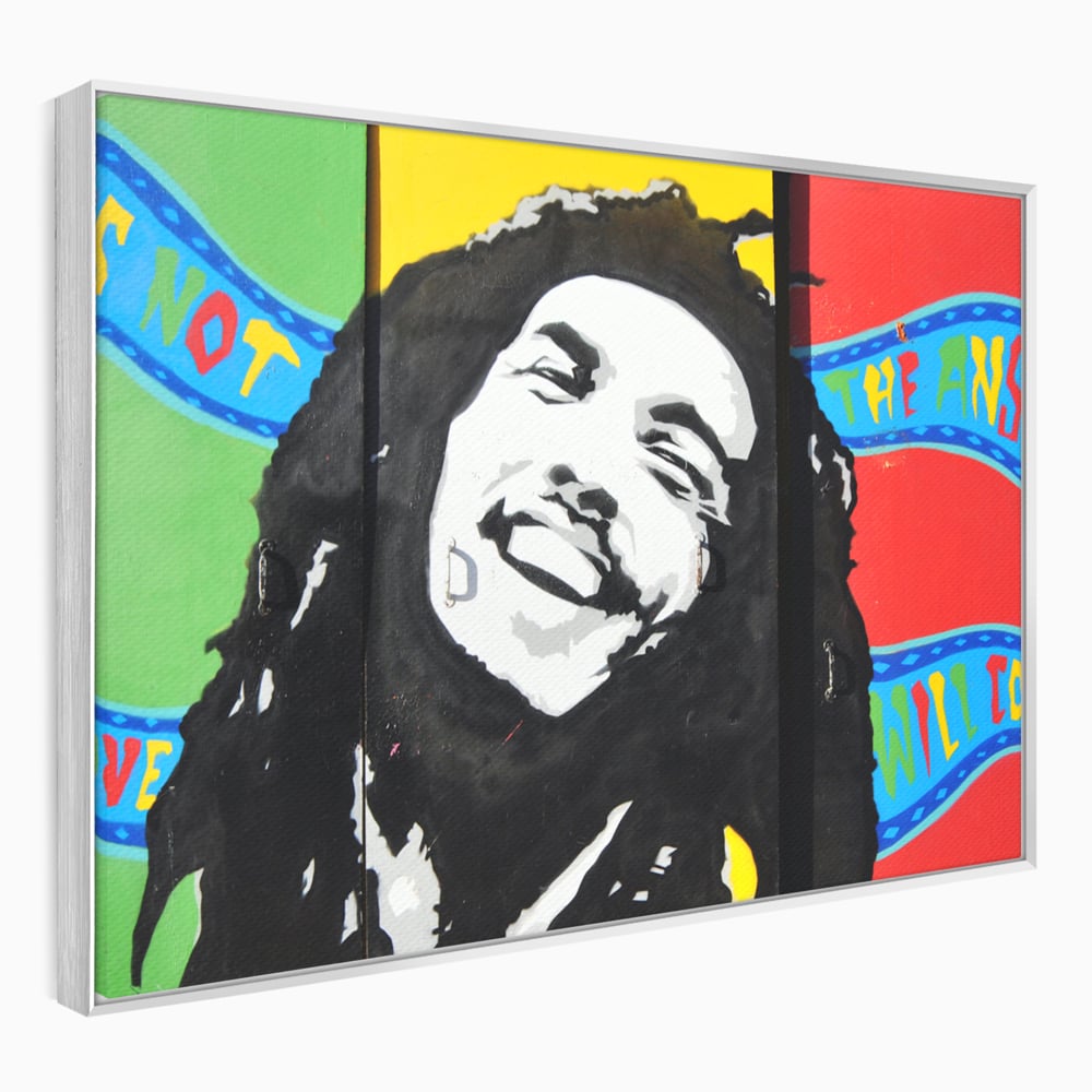 Tablou canvas cu tablou pictat cu portretul lui bob marley, in rama de aluminiu argintiu