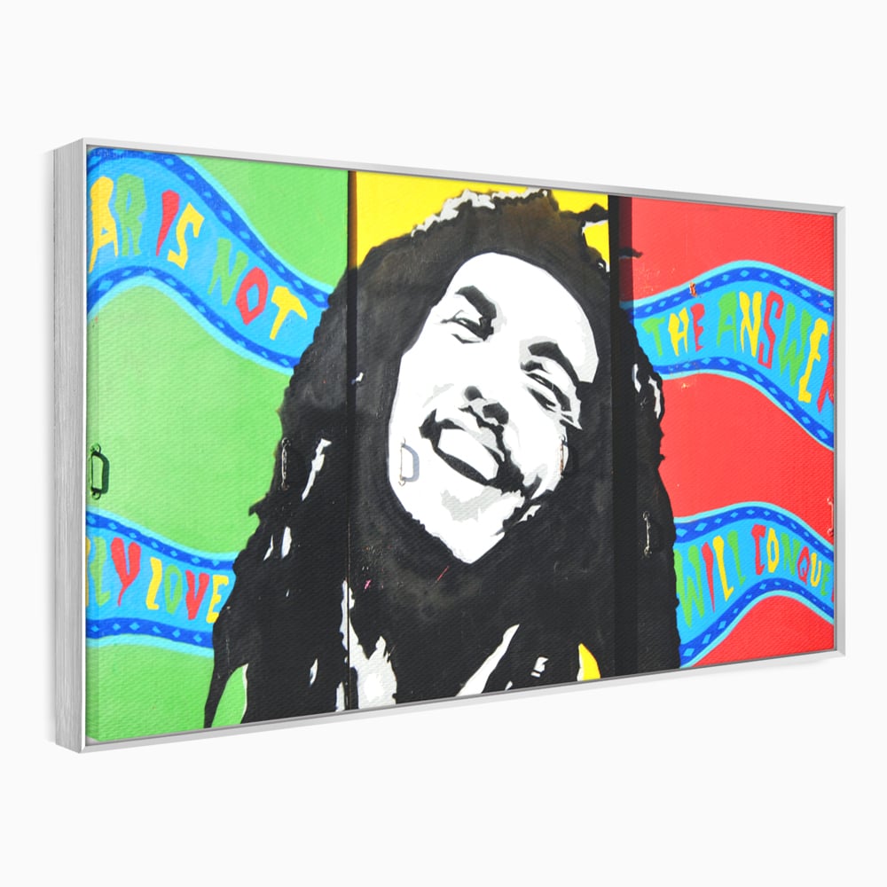 Tablou canvas cu tablou pictat cu portretul lui bob marley, in rama de aluminiu argintiu