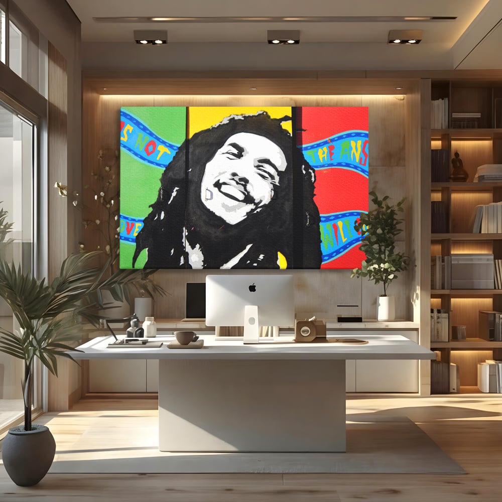 Tablou canvas cu tablou pictat cu portretul lui bob marley, fara rama, pe sasiu de lemn, pe perete intr-un birou
