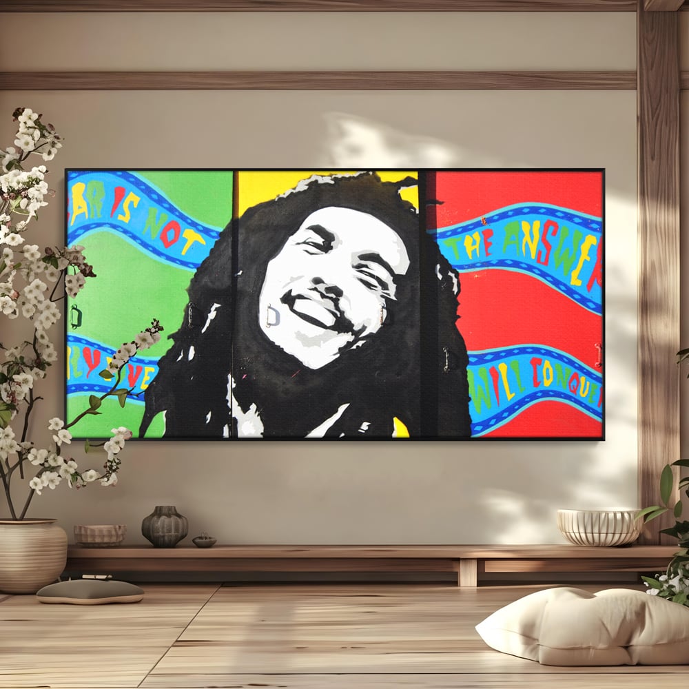 Tablou canvas cu tablou pictat cu portretul lui bob marley, in rama de aluminiu negru
